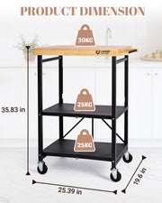 Logicexplore Foldable Kitchen Storage Cart with Solid Oak Top, Heavy-Duty Metal Frame, 3-Tier Rolling Utility Rack, Kitchen Island on Lockable Wheels for Microwave, Toaster Oven & Food Prep