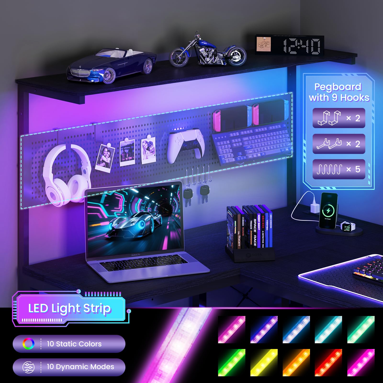 L-Shaped Gaming Desk with LED Light & Power Outlet, 47 Inch