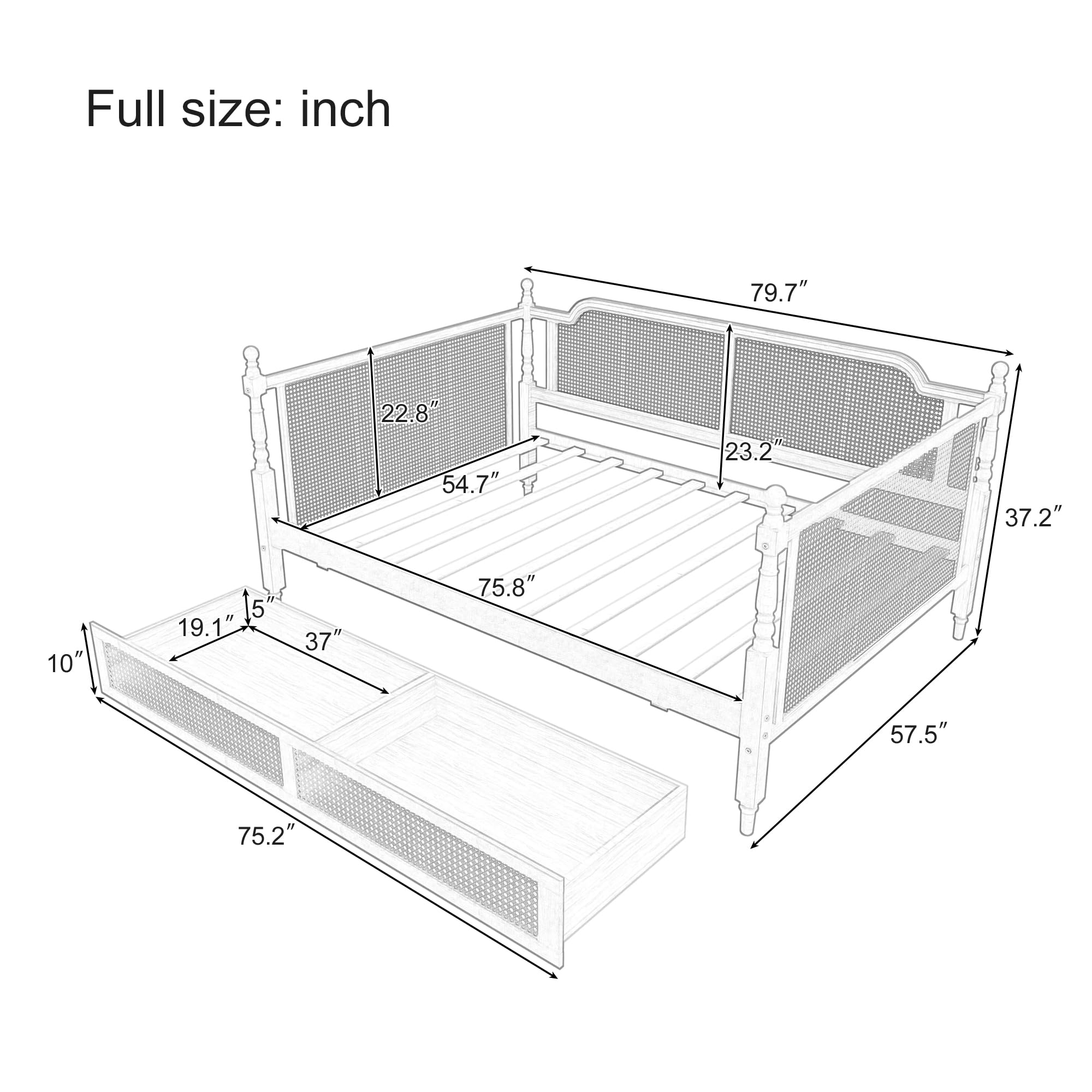 SOFTSEA Rattan Full Daybed with Storage Drawers, Traditional Boho Daybed with Wood Slats Support for Living Room Bedroom, No Box Spring Needed, Easy Assembly, Antique Walnut