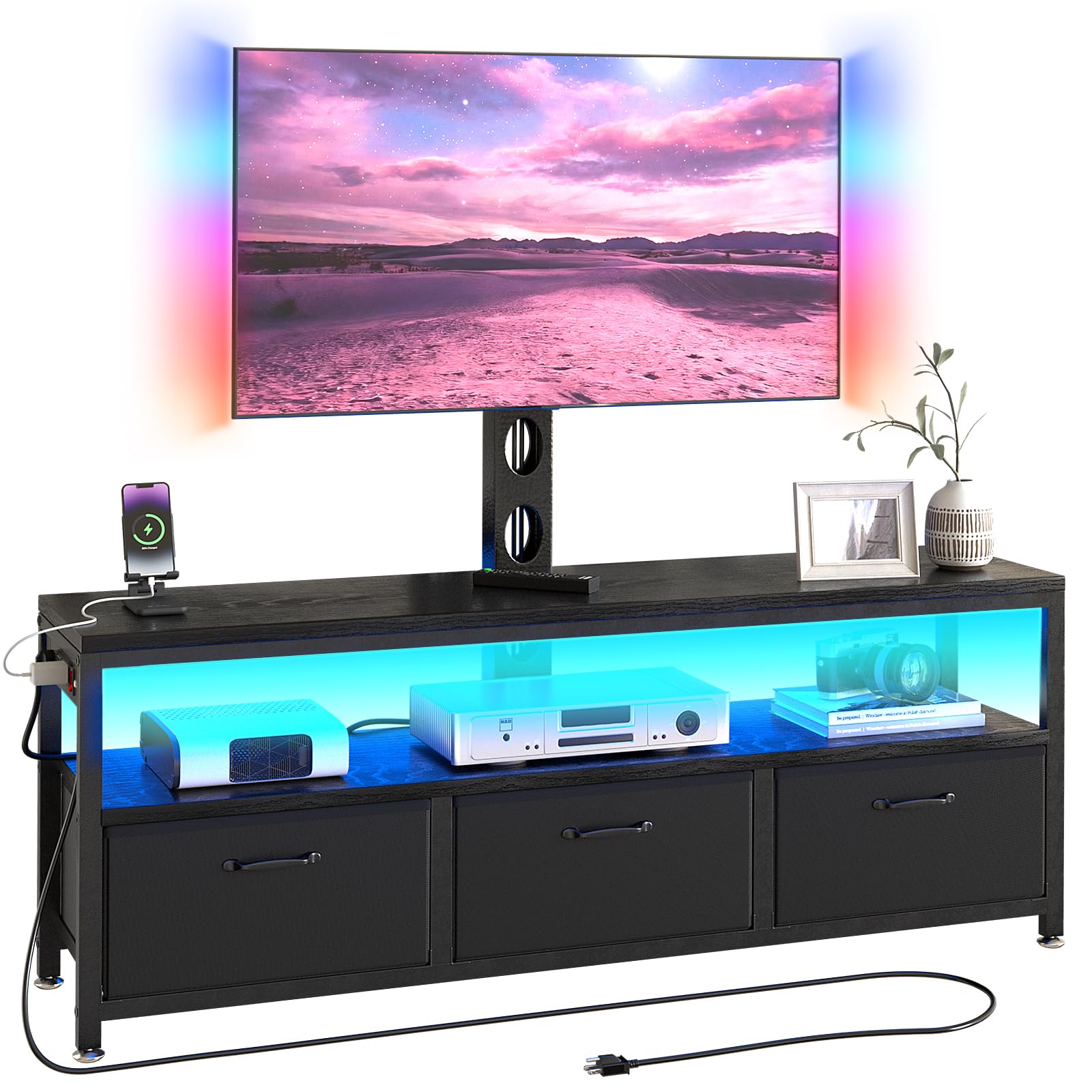 JUSTOGO TV Stand with Mount and Power Outlet, TV Stand Mount with Storage for Living Room, Entertainment Center with LED Lights for 45 55 60 65 inch, Height Adjustable Media Console, Black