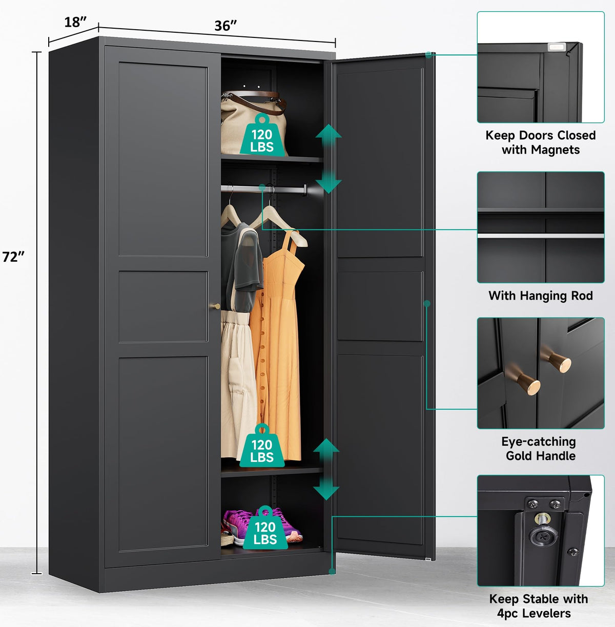 Steel Wardrobe Cabinet with Hanging Rod