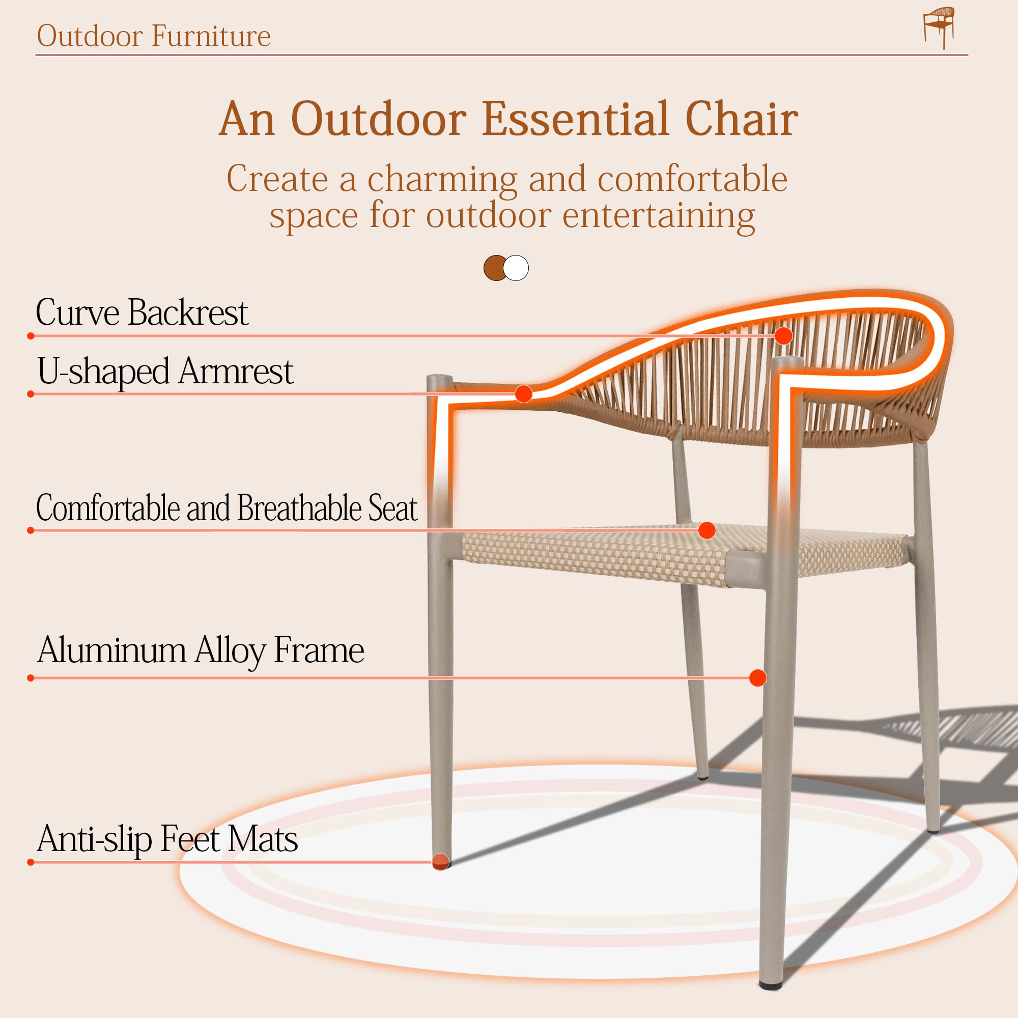 TWT Patio Chairs Set of 4, Outdoor Stackable Dining Chairs for All Weather, Breathable Textilene Garden Furniture for Backyard Deck, Aluminum Alloy Frame, PE Rattan, Light Brown