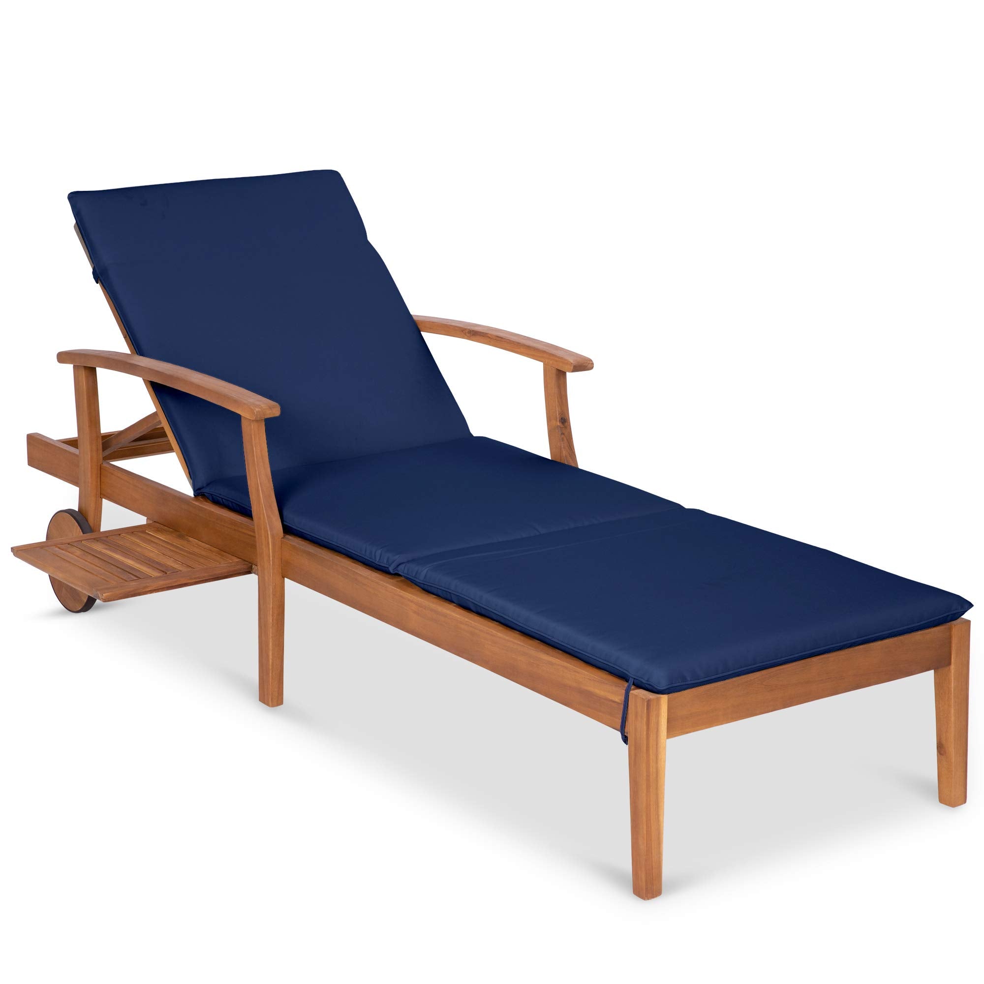 Acacia Wood Outdoor Chaise Lounge Chair with Slide-Out Side Table