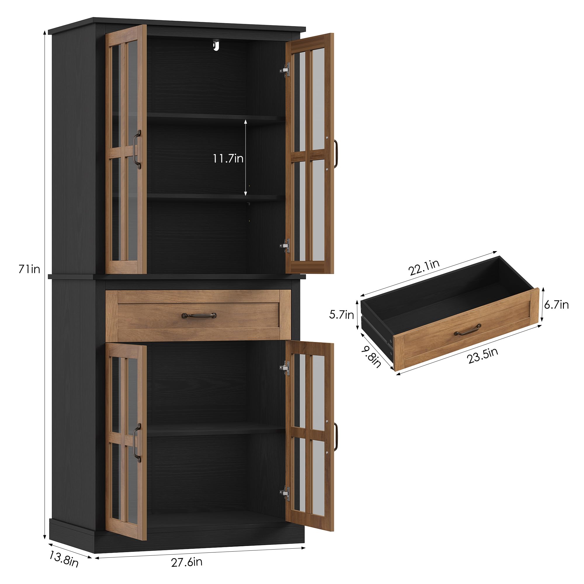Tall Kitchen Pantry Cabinet with Glass Doors & Drawer