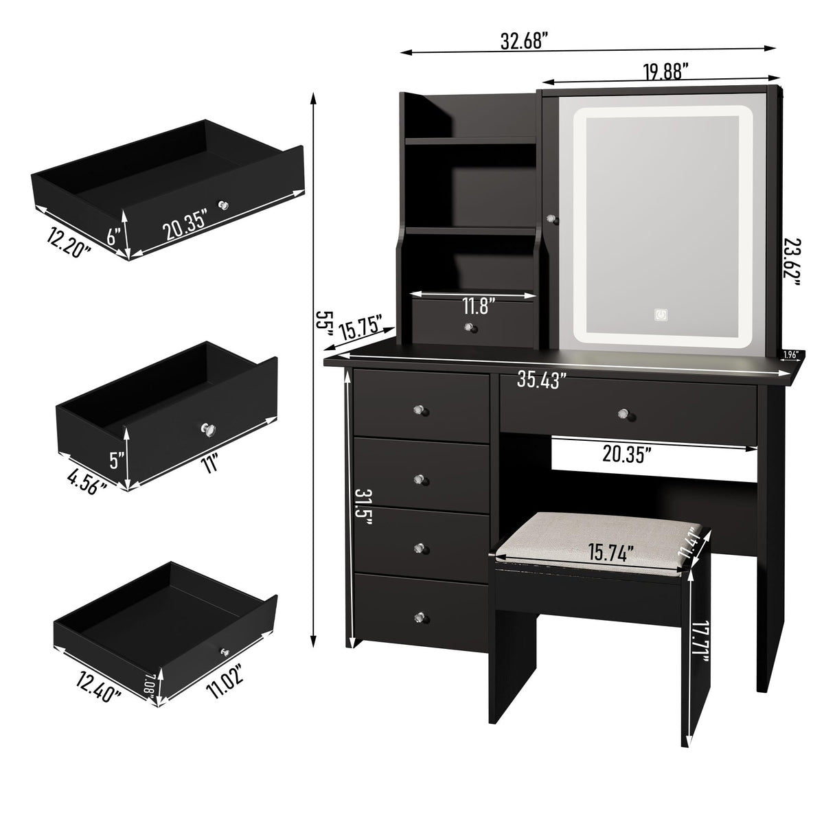 DYHOME Makeup Vanity Desk with LED Lights Mirror, Vanity Table Set Black
