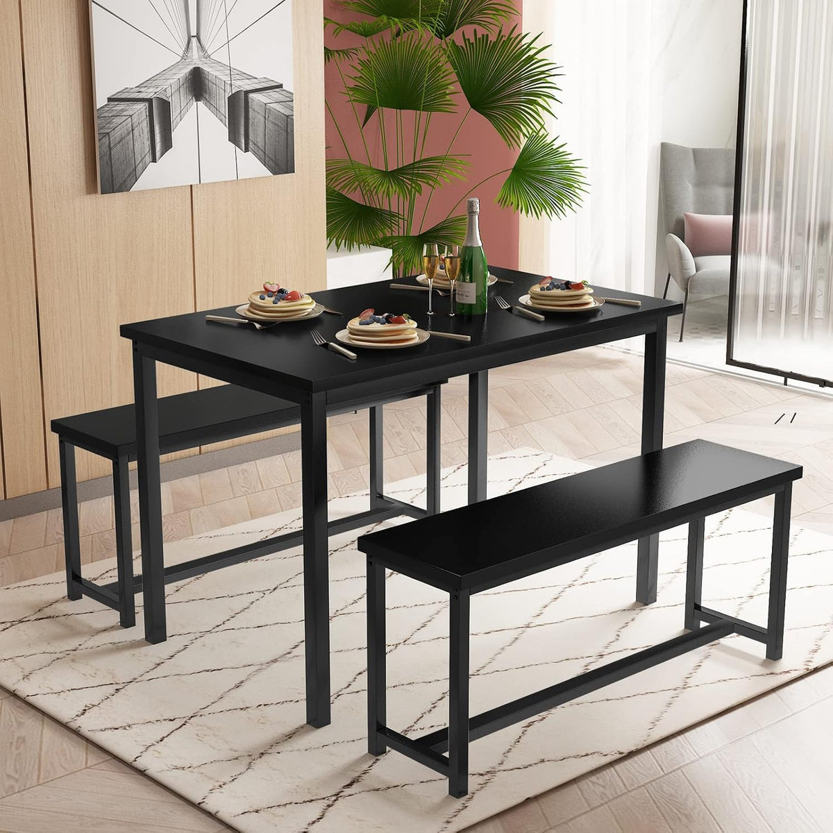 Recaceik 47" Black Dining Table Set for 4, 3-Piece Kitchen Set