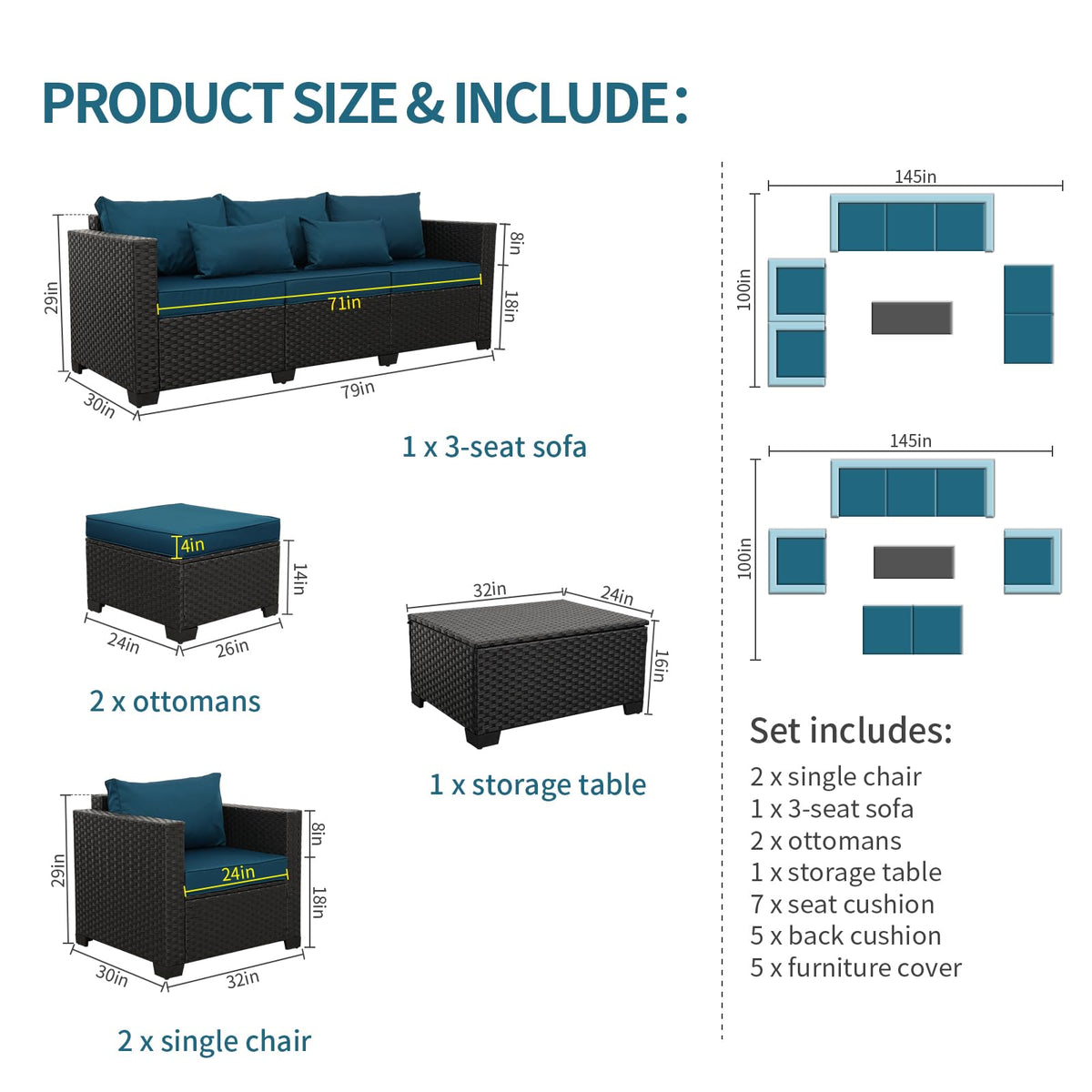 Rattaner Patio Furniture Set 6 Pieces Couch Outdoor Furniture Sofa Set Storage Table Hight Backrest Anti-Slip Cushions and Waterproof Covers, Peacock Blue