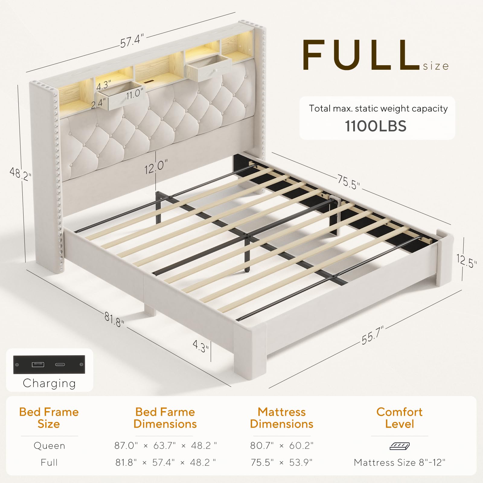 Upholstered Wingback Bed Frame with Storage & LED