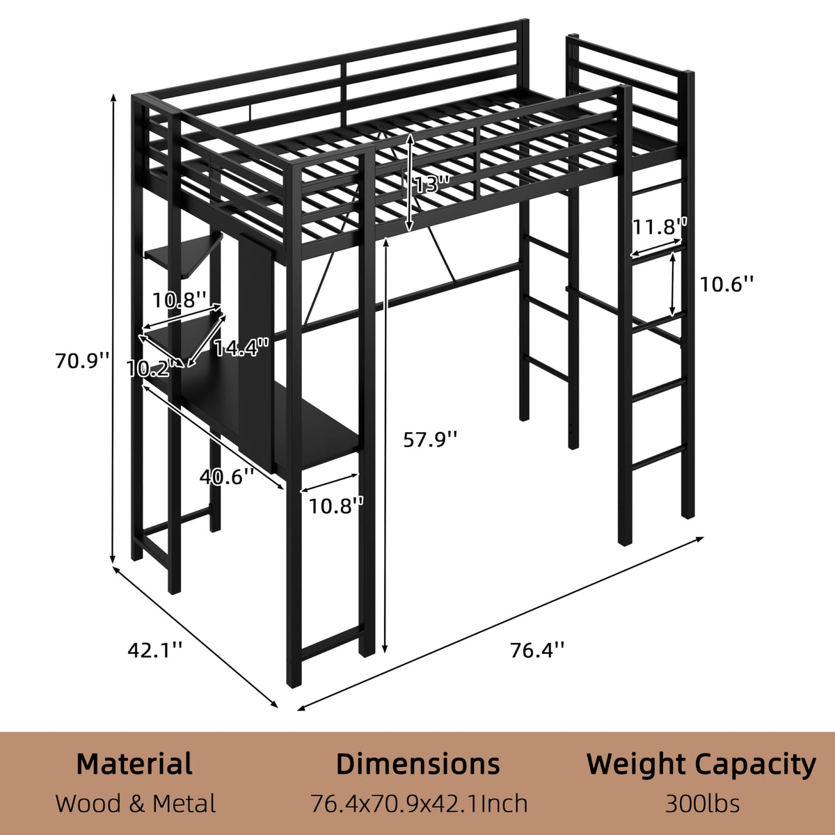 Metal Loft Bed with Desk and Shelves
