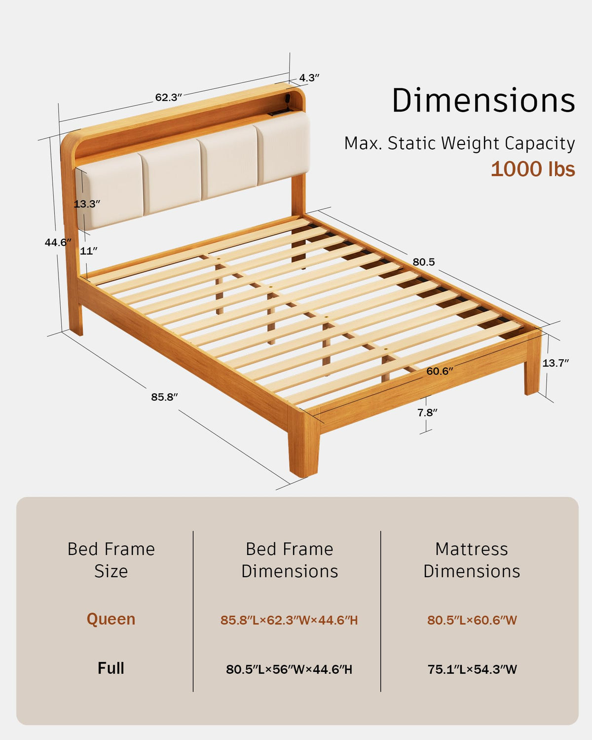 Queen Size Wood Upholstered Platform Bed Frame w/ USB Ports & LED Lights
