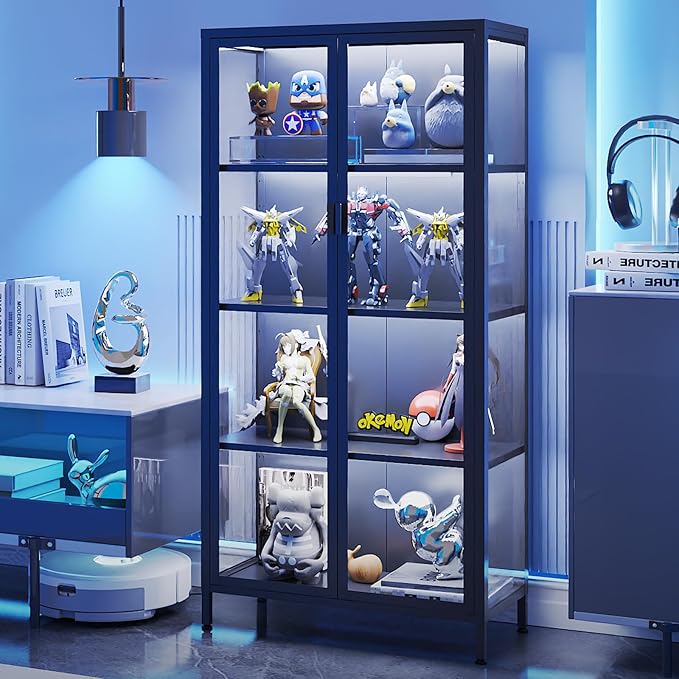 Glass Display Cabinet with LED Sensor Lights & Adjustable Shelves