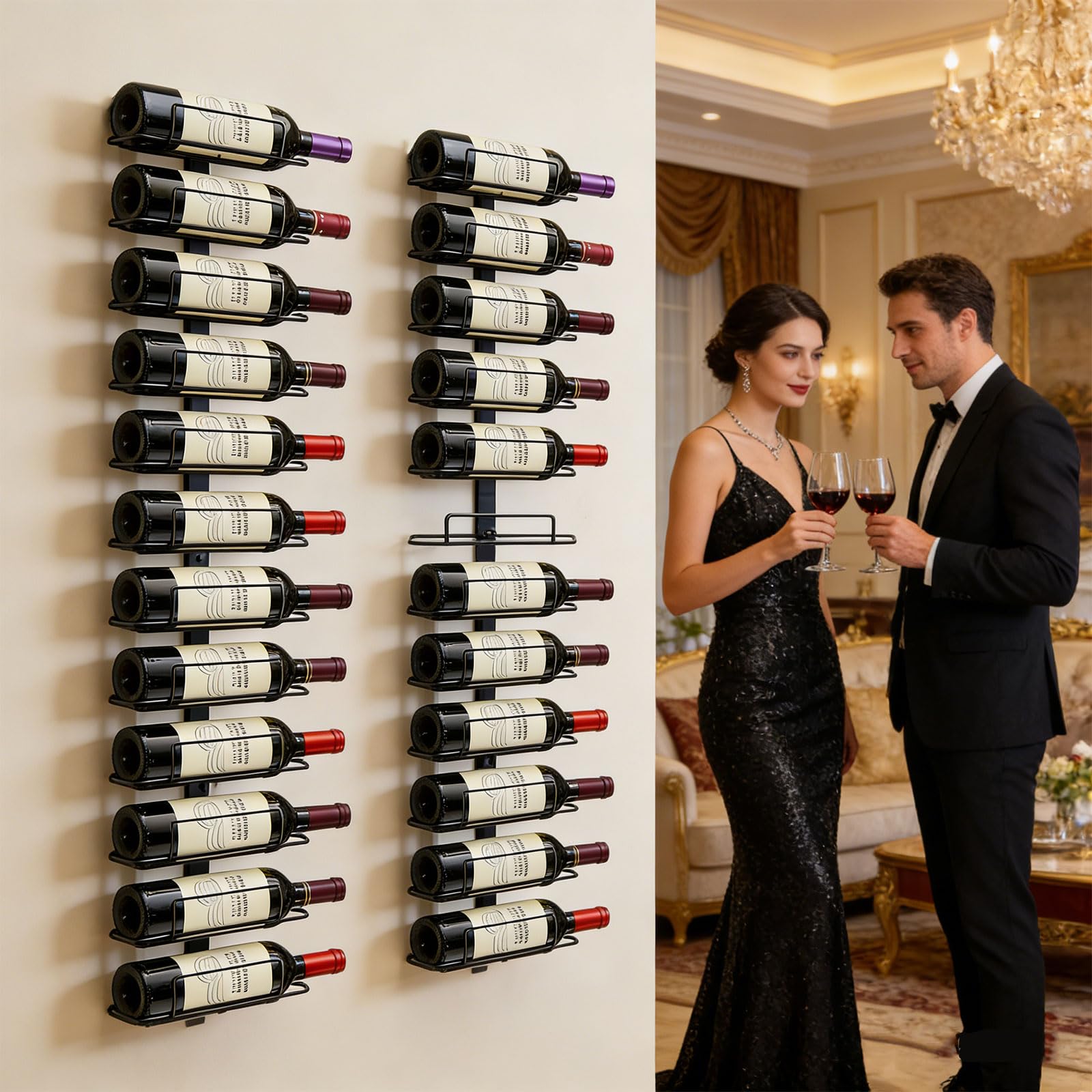 Msrorriw Wall Mount Wine Rack – 24 Bottles – Black Metal Wine Bottle Holder for Wall, Wine Rack Display for Home Bar, Kitchen