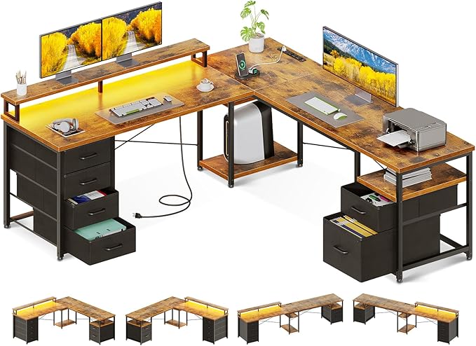 L-Shaped & Long Computer Desk with File Cabinet, LED Lights & Power Outlet