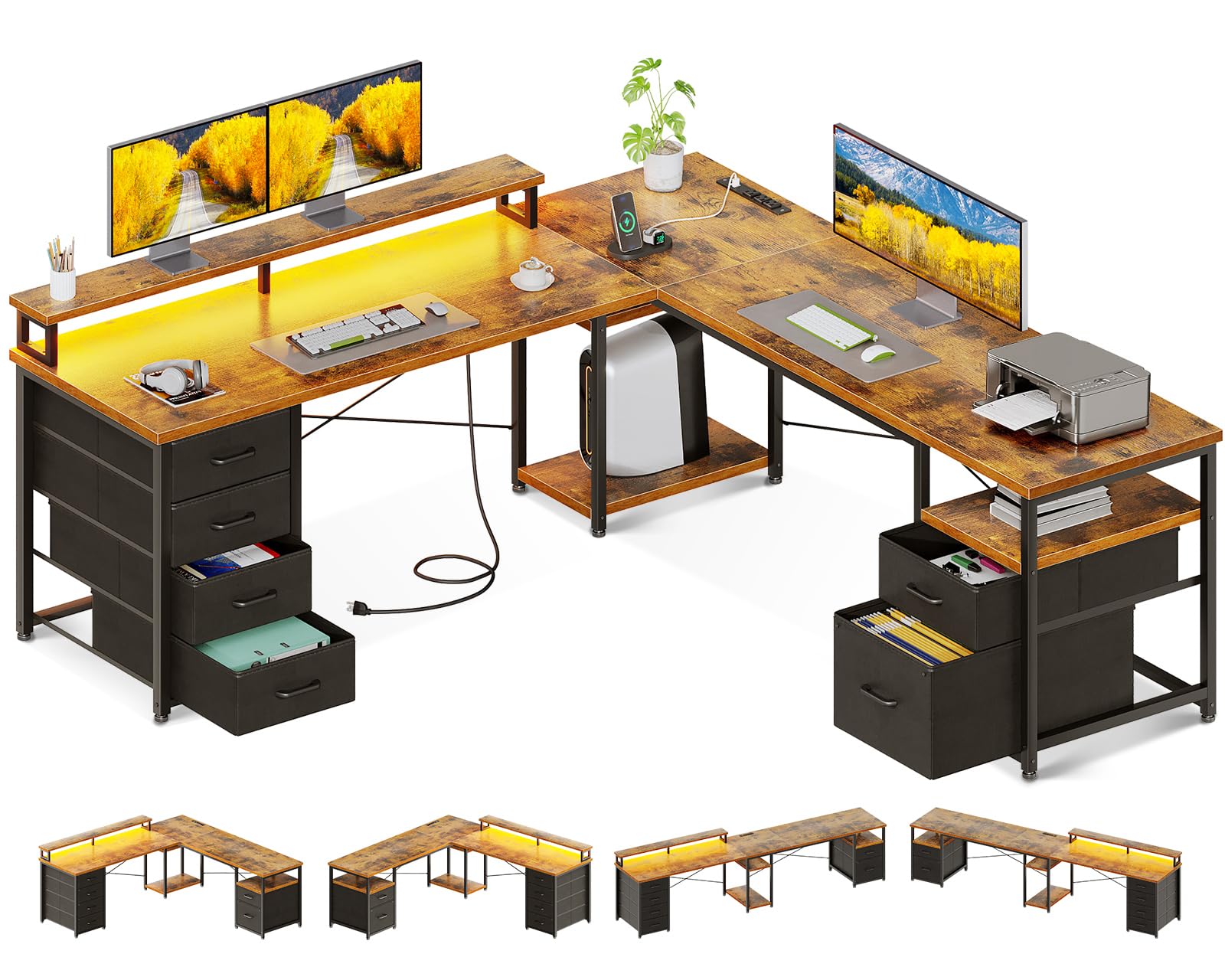 L-Shaped & Long Computer Desk with File Cabinet, LED Lights & Power Outlet
