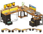 L-Shaped & Long Computer Desk with File Cabinet, LED Lights & Power Outlet