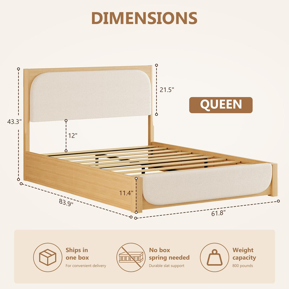 IMMERSTABLE Queen Bed Frame with Upholstered Boucle Headboard, White
