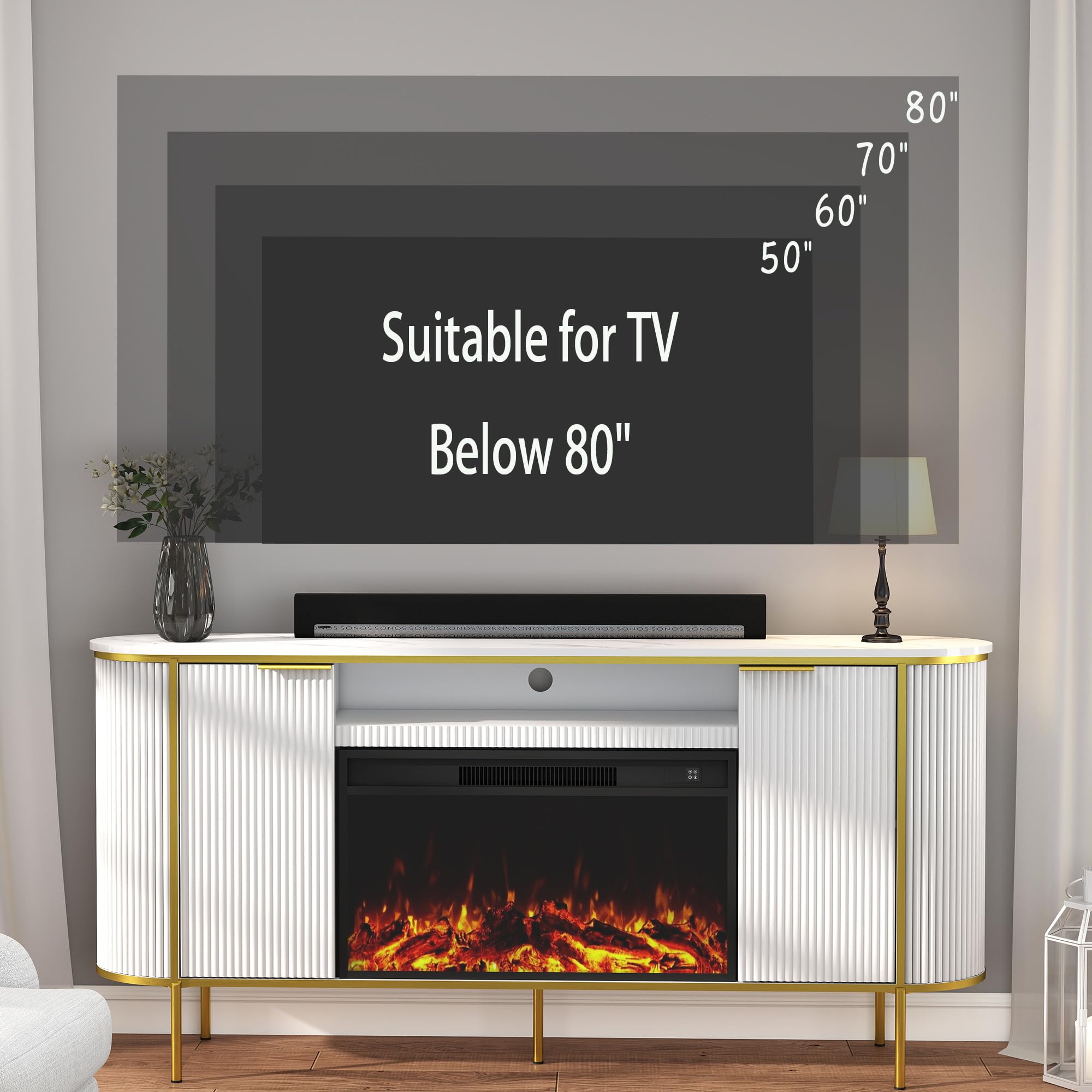 LABROSKIA Fluted Fireplace TV Stand: 70" White Electric Fireplace TV Stand Up to 80 inchs, Luxury Media Console with 30" Electric Fire Place, Modern TVs Consoles for Living Room, Faux Marble Top
