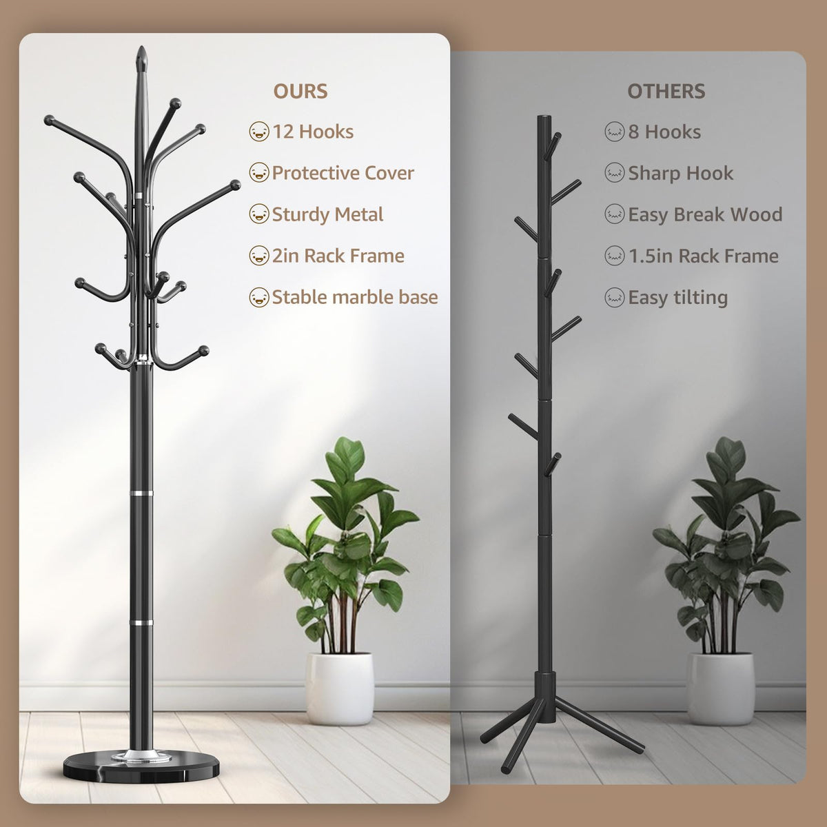 HzTinT Heavy Duty Coat Rack with Marble Base, 12 Hooks, Adjustable Heights