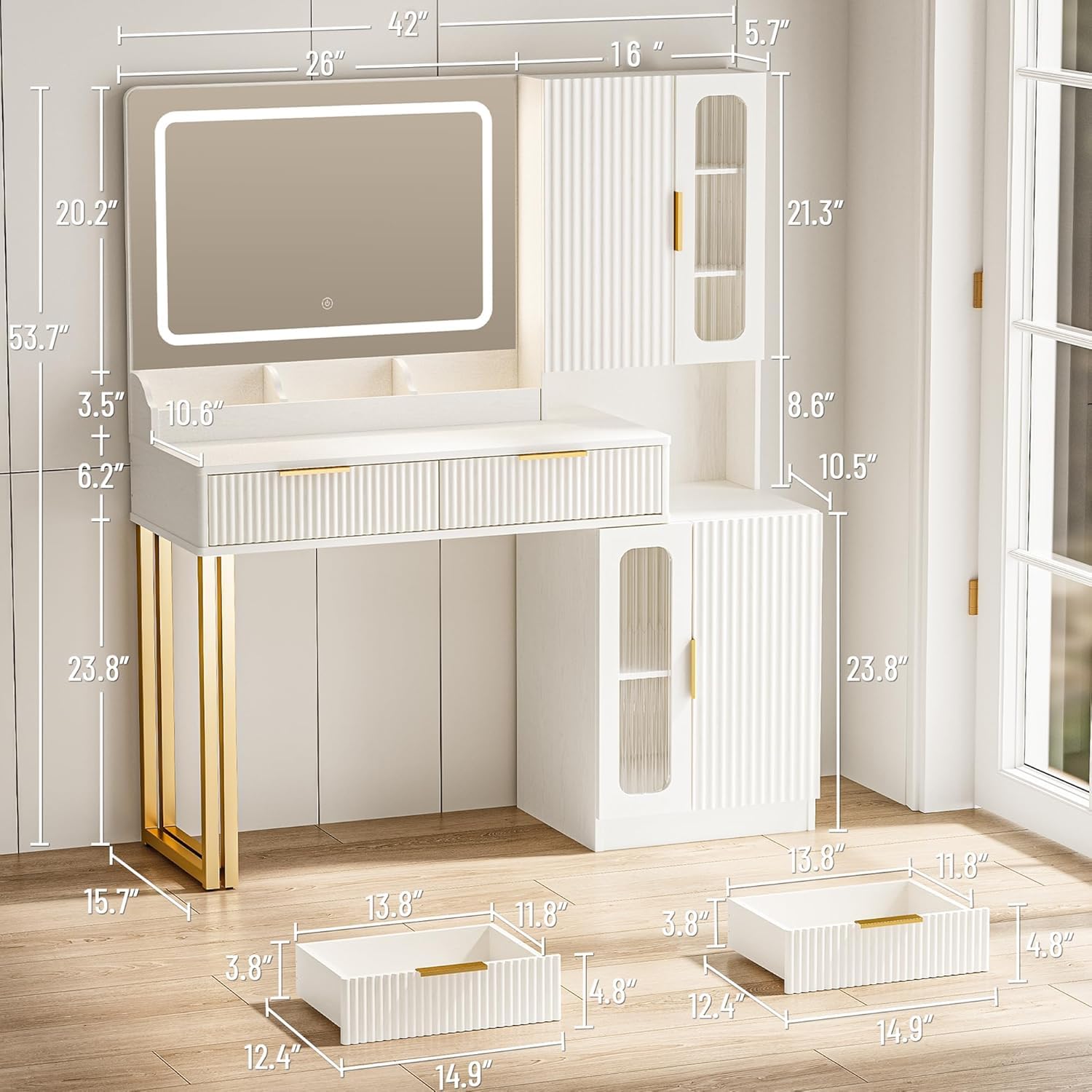 42" Modern Makeup Vanity Desk with Mirror and Lights, Makeup Vanity with 5 Shelves& 2 Drawers and Cabinet, Vanity Table with Power Outlet, 3 Color Adjustable Lighting Dressing Table Set for Bedroom