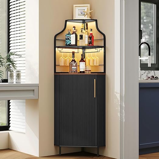 Corner Bar Cabinet with LED Strip & Glass Holder