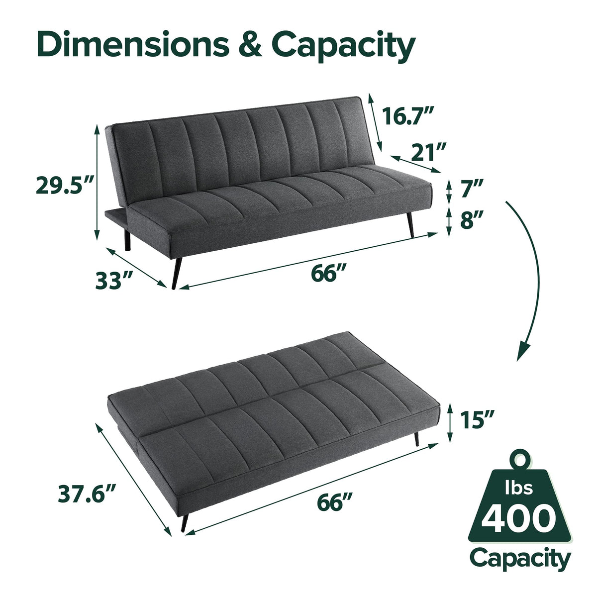 Zinus Quinn Sleeper Sofa, Convertible Sofa, Futon Sofa Bed, 2 in 1 Folding Sofa Bed for Apartments, Guest Rooms, and Compact Spaces