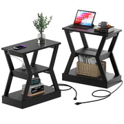 23.6" End Table with Charging Station Set of 2, 3-Tier Nightstand with USB Ports and AC Outlets, Small Space Side Tables for Living Room, Bedroom, or Couch, 3 Tier End Tables with Storage Shelf, Black