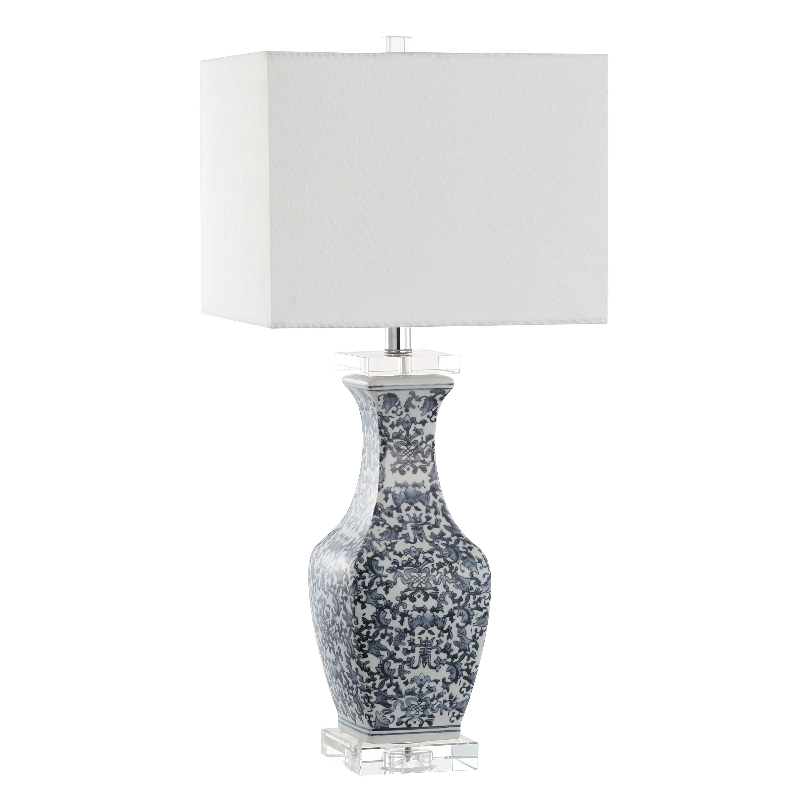 JONATHAN Y 28" Blue and White Ceramic LED Table Lamp, Chinoiserie Hand-Painted Pattern with Crystal Base, White Square Linen Shade for Bedroom, Living Room, LED Bulb Included JYL5046A