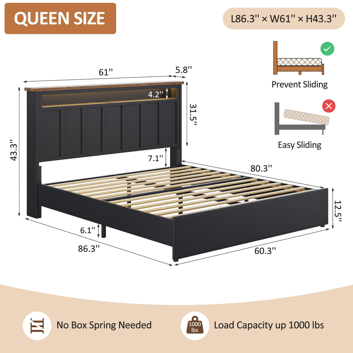 Glirun Queen Bed Frame with 2-Tier Storage Headboard, Black