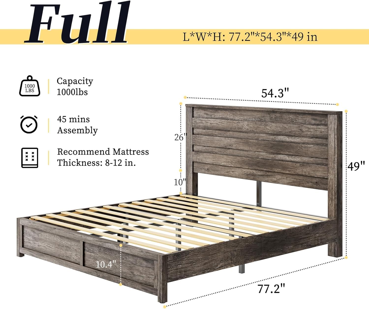 LUXOAK 2 Pcs Bedroom Furniture Sets - Includes 1 X Farmhouse 5 Drawers Dresser, 1X Farmhouse Full Size Bed Frame with 49" Tall Headboard, Wooden Platform Bed with Hidden Metal Bed Frame, Rustic Grey
