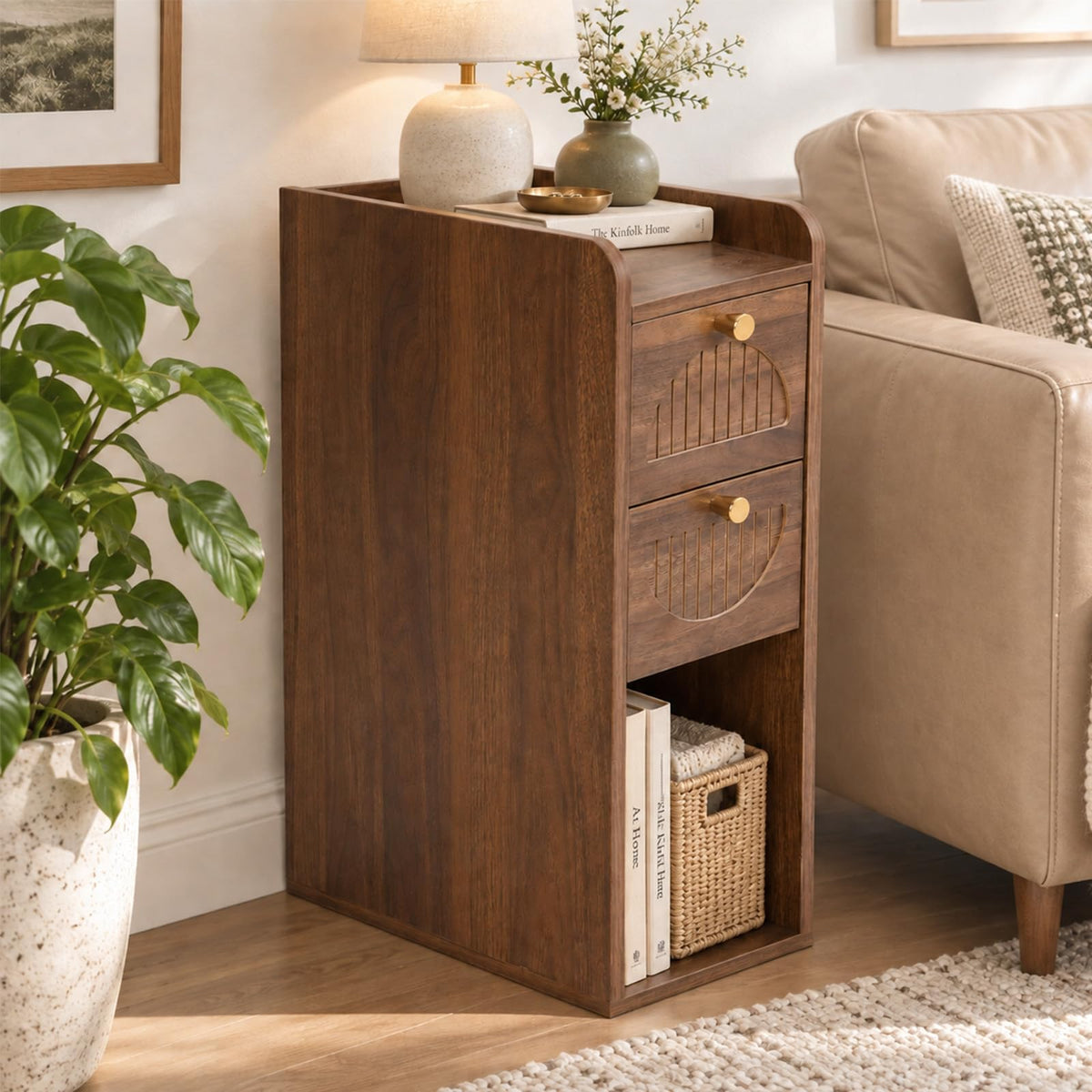 Micleed Narrow Nightstand Set of 2, Bedside Table with 2 Drawers, Walnut