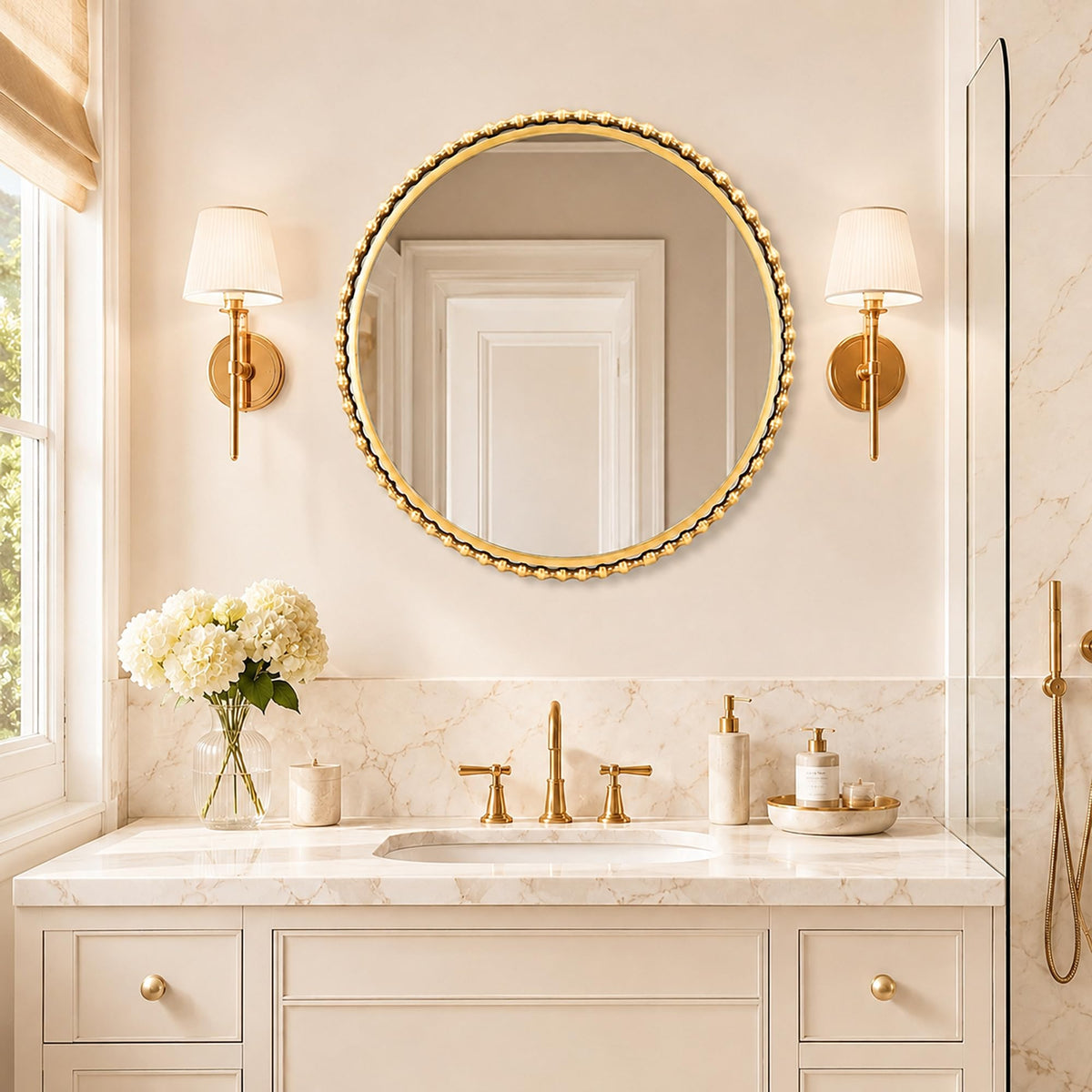 Antique Gold Beaded Round Mirror