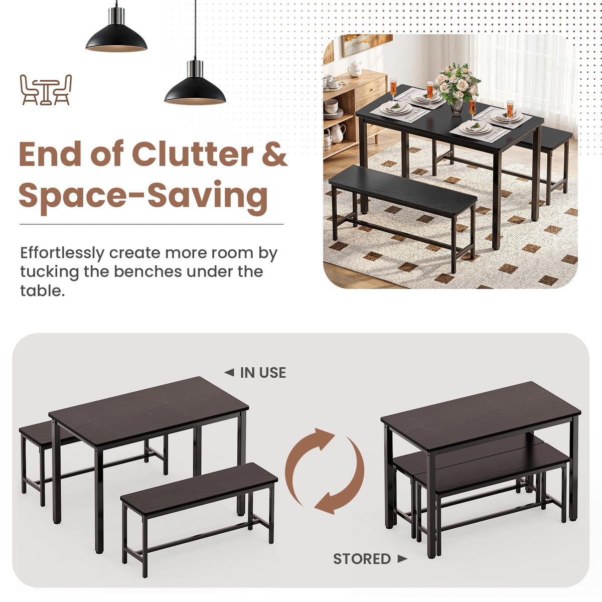 Minicloss Dining Table Set for 4, 3 Piece Dining Room Table Set for Space-Saving, Modern Kitchen Table with 2 Benchs for Apartment Breakfast Nook and Samll Space, Black