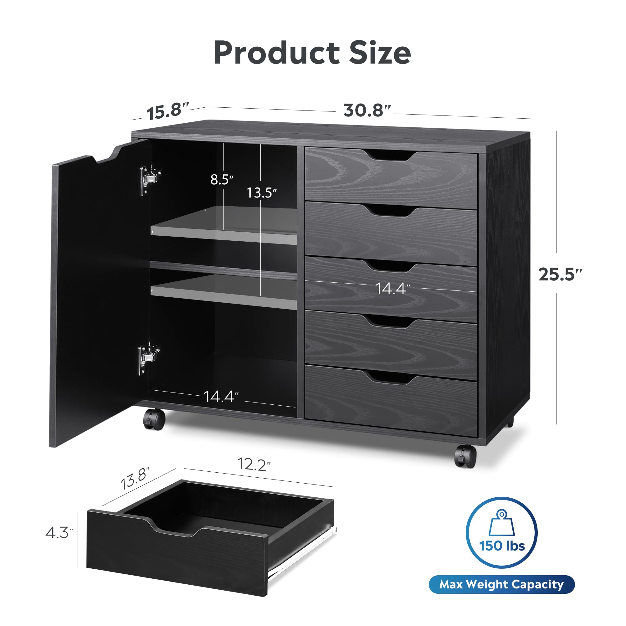 5-Drawer Mobile File Cabinet with Door & Printer Stand