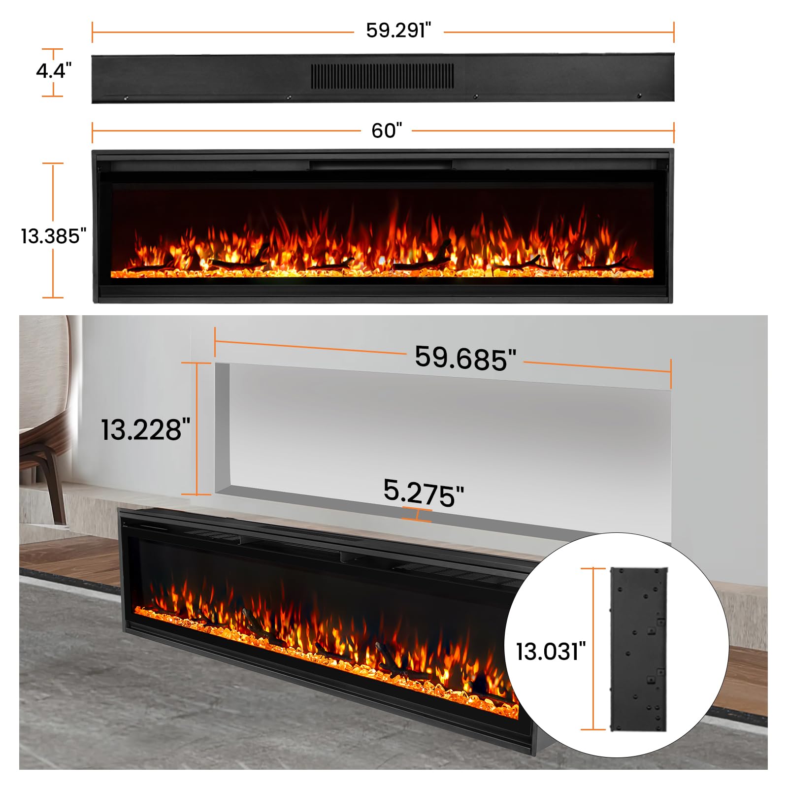 Wall Mounted Electric Fireplace Insert with Remote