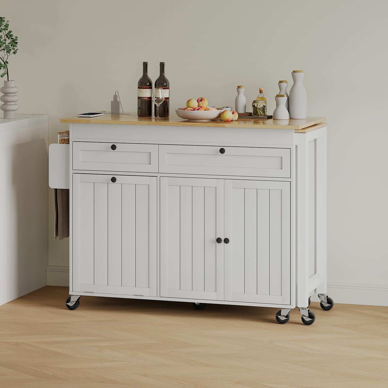 Lefurture Kitchen Islands with Storage, Kitchen Island on Wheels with Extendable Dining Table and Power Outlet, Rolling Island Cart with Trash Cabinet, Spice Rack & Towel Rack, White