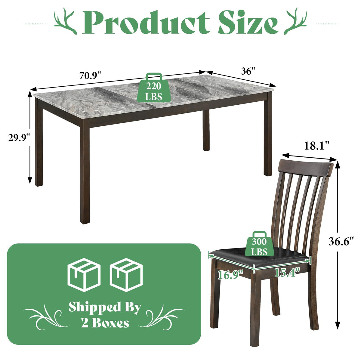 AMERLIFE 7-Piece Dining Table Set with Chairs, Faux Marble Table, Brown