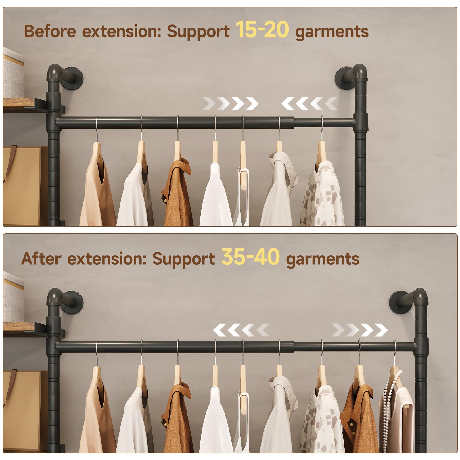 T3 Closet System with Stepless Dimmable LED Light, Industrial Pipe Clothing Rack with 4 Drawers, 6 Wooden Shelves & 4 Telescopic Rods, Heavy Duty Closet Organizers in Wardrobe Closet (Rustic Brown)