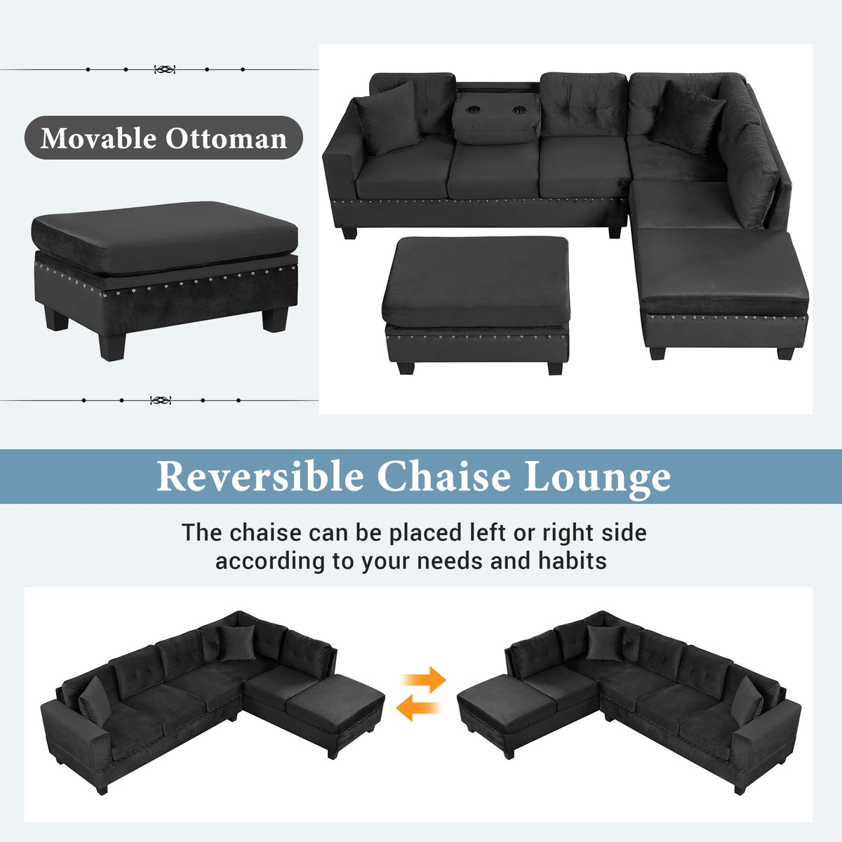 Reversible Chaise Sectional with Storage Ottoman