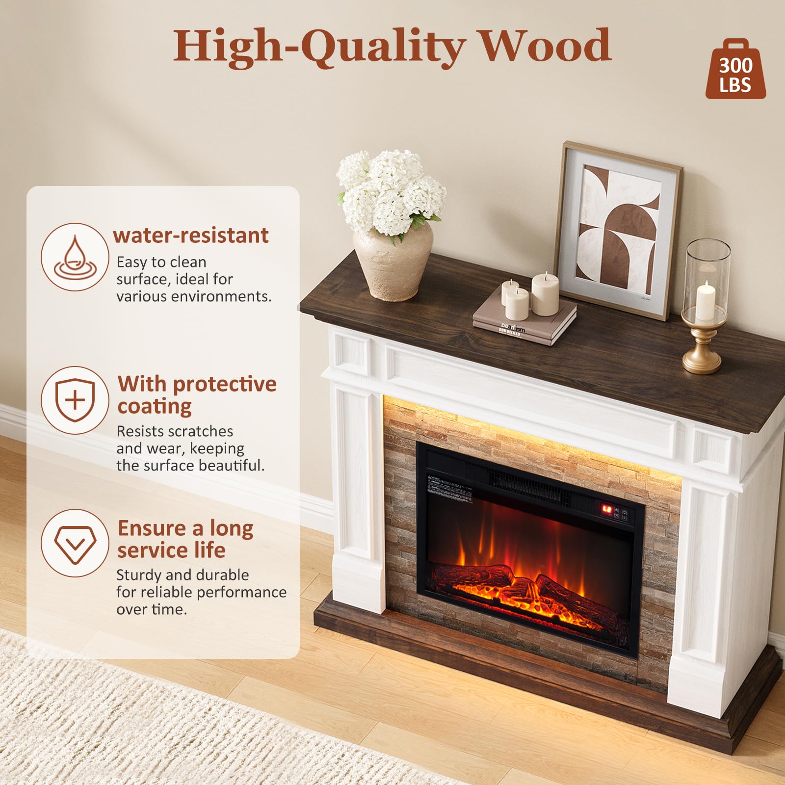 44 Inch Electric Fireplace Mantel with LED Farmhouse TV Stand, Stacked Stone Surround, 23" Insert, Freestanding Entertainment Center, 3D Flame Heater for Living Room, Bedroom, White & Brown