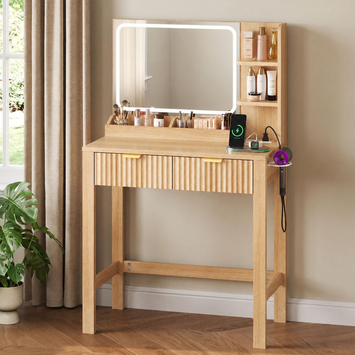 Fluted Vanity Desk with Mirror and Lights, 30.7" Small Makeup Vanity, Oak