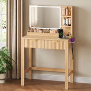 Fluted Vanity Desk with Mirror and Lights, 30.7" Small Makeup Vanity, Oak
