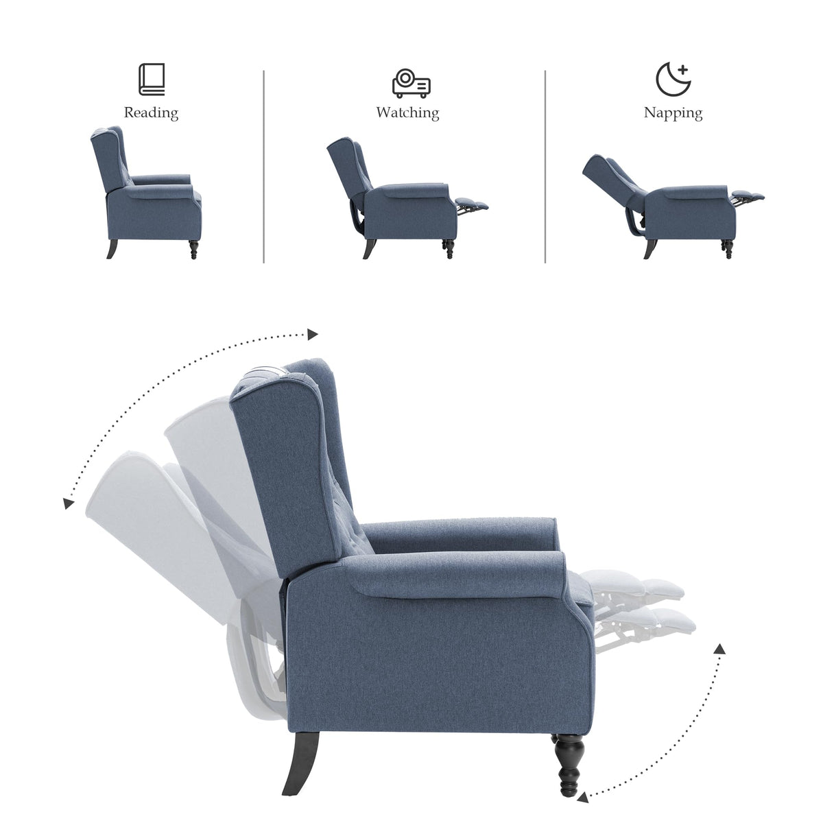 Mid Century Wingback Recliner Chair for Adults, Modern Linen Fabric Push Back Recliner Chairs with Button Tufted Upholstered Back & Footrest, Manual Recliner Chais for Living Room, Nursery, Blue
