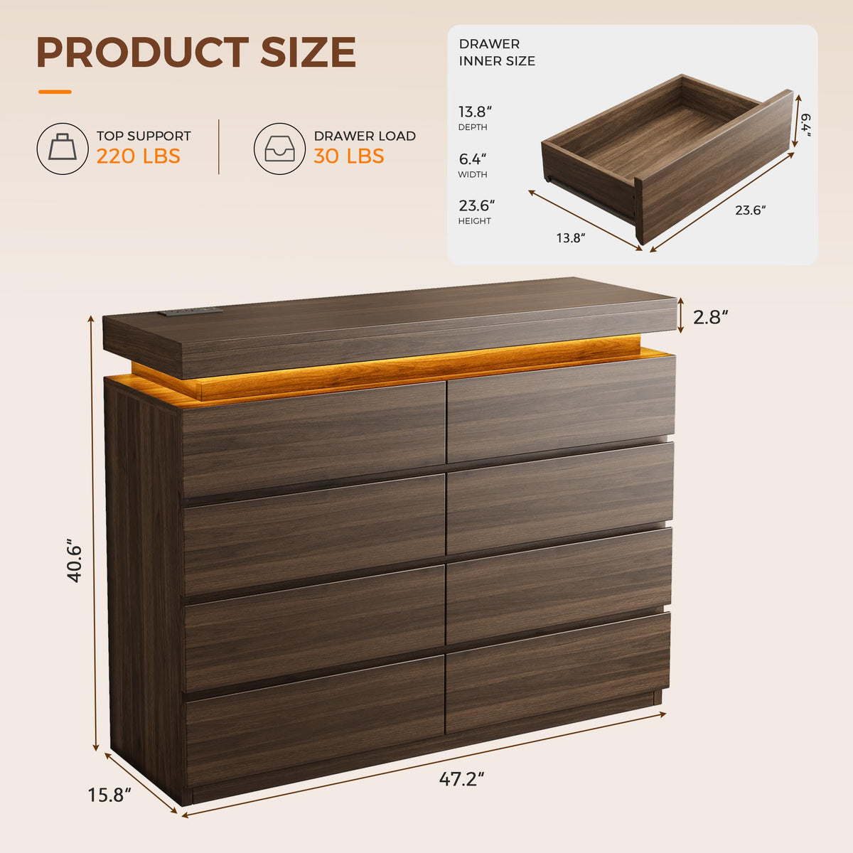 8 Drawer Dresser with LED Lights and Charging Station, Modern Brown Dresser