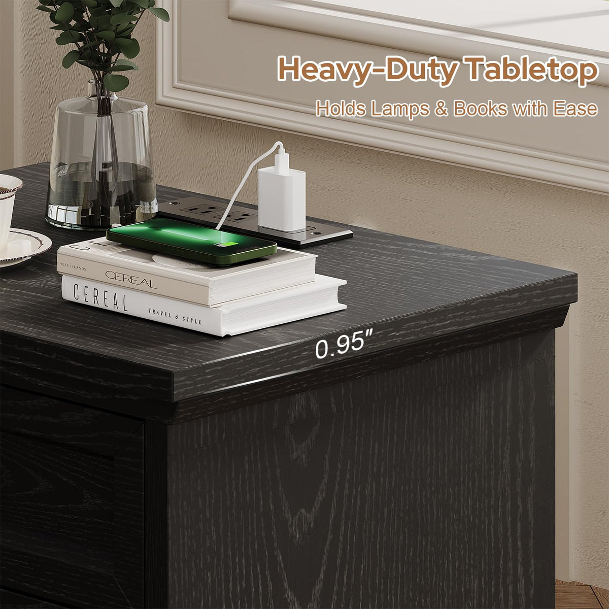 knoworld Nightstand with Charging Station, 3 Drawer Night Stand Set of 2