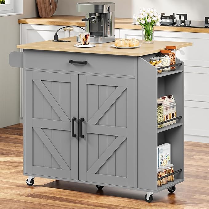 Rolling Kitchen Island with Drop Leaf & Power Outlet