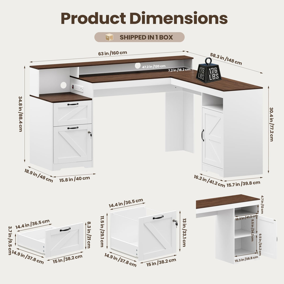 MALOL 63" Farmhouse L Shaped Executive Desk, Corner Computer Desk with Drawers & Storage Shelf, Home Office Desk with Power Outlet, Monitor Stand, Wood Grain Desktop, White & Rustic Brown