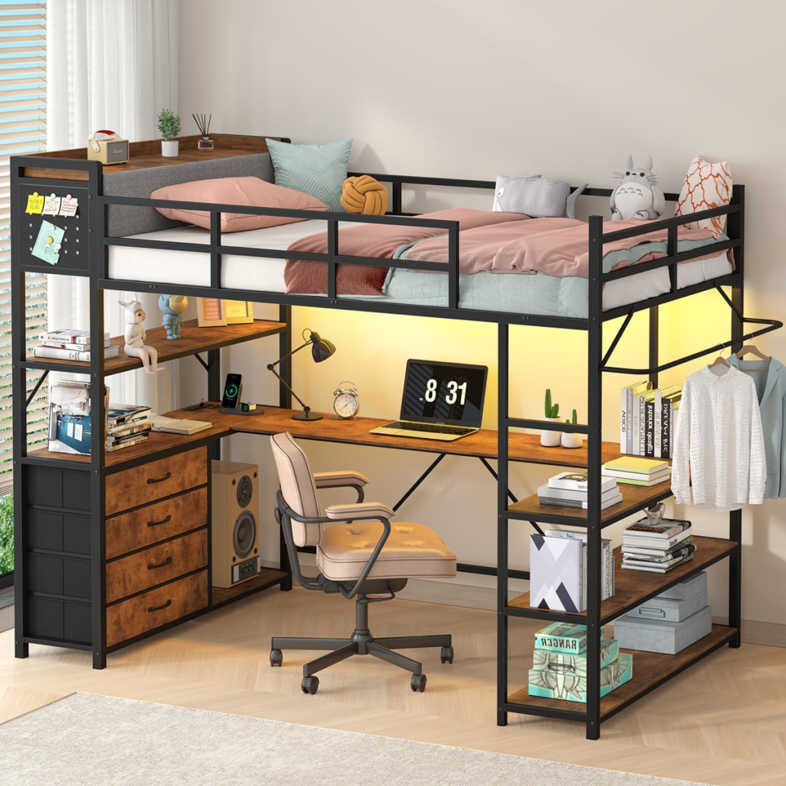 Twin Loft Bed with Storage, Desk & LED Lights