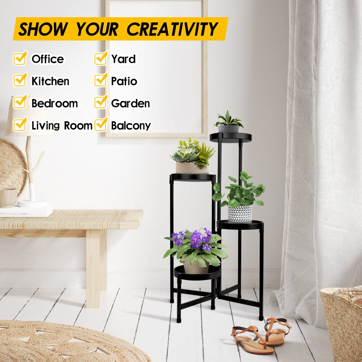 HOEGMST 4 Tier Plant Stand Indoor Outdoor, 31 Inch Tall Metal Plant Shelf Waterproof, Plant Holder with Folding Design For Home, Living Room, Black
