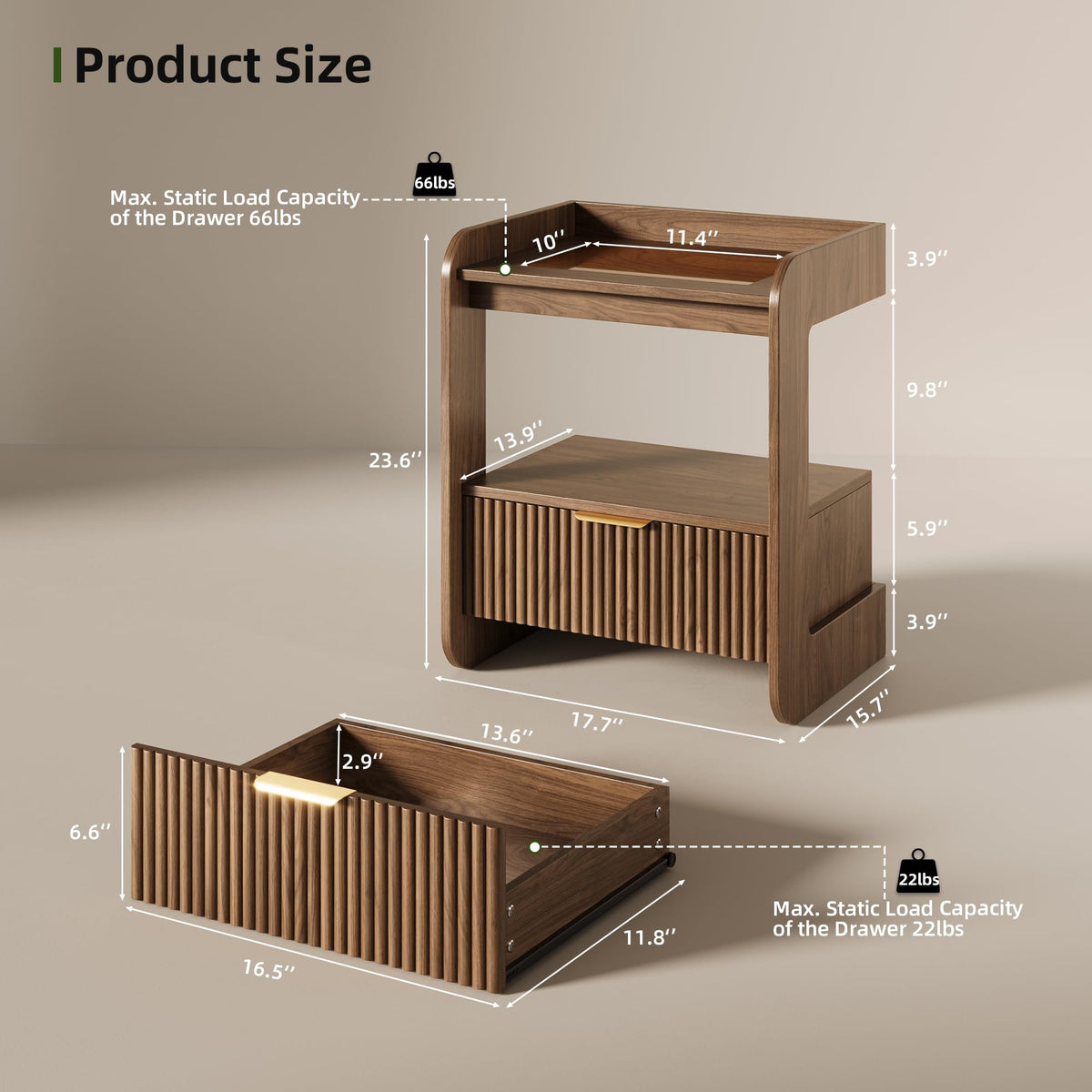 Fluted Nightstands Set of 2, Mid Century Modern Night Stand with Drawer and Open Shelf, Amber Glass Top Wood Bedside End Tables for Bedroom and Living Room