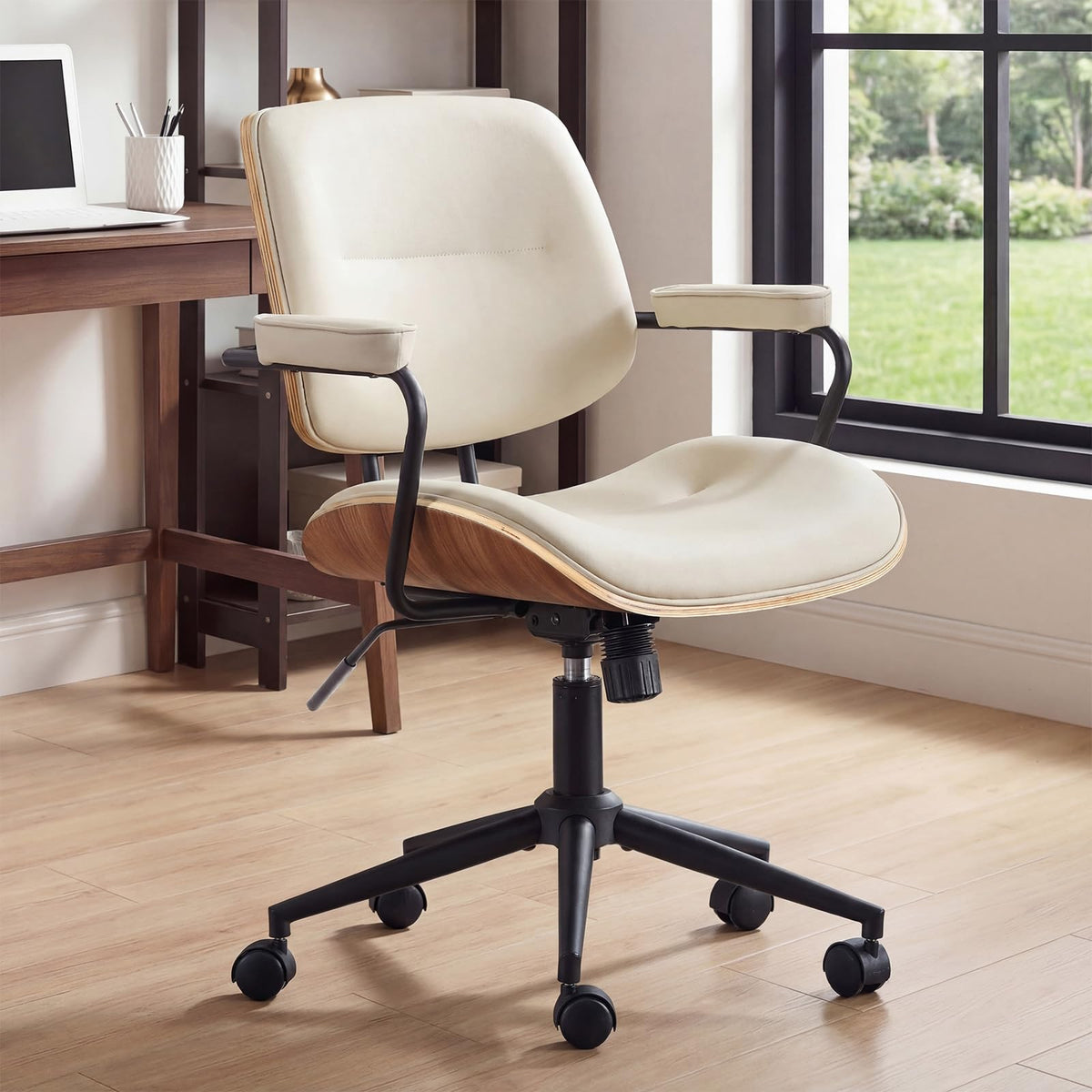 Mid Century Modern Office Chair with Armrest and Adjustable Backrest, Beige